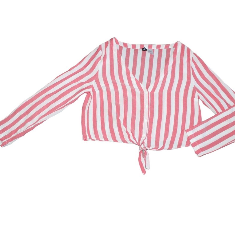 H&M Cropped V-Neck, Long Sleeve, Front-Tie, Flowy Blouse-Pink/White-Size 10-GUC